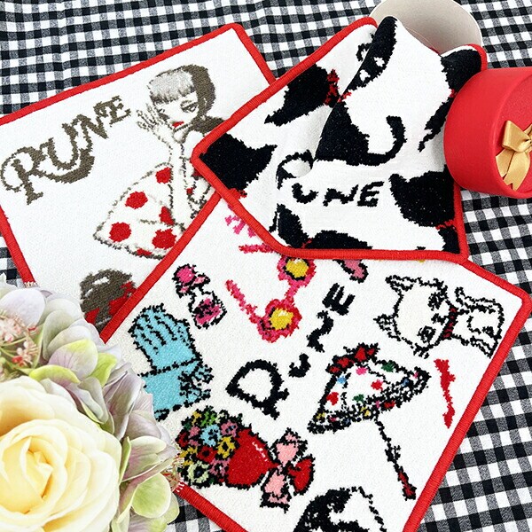 内藤ルネ クロネコ シェニール織 ハンドタオル ハンカチ Rune 日本製