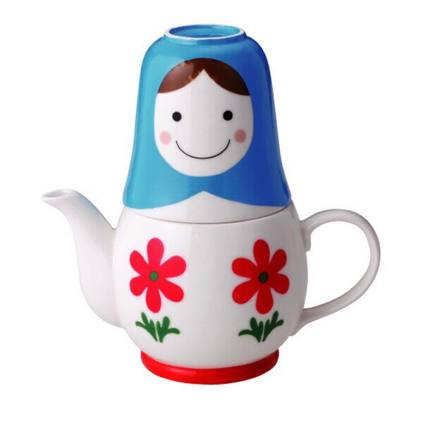 マトリョーシカ ティーフォーツー (2人用ティーセット/ポット・カップ・茶こし) ブルー お花 おもしろ食器 キッチン用品