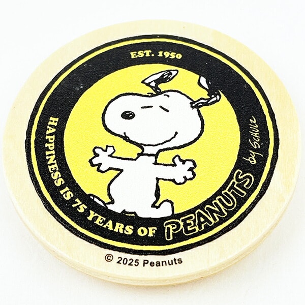スヌーピー 丸型木のマグネット イエロー PEANUTS 75th SNOOPY 日本製