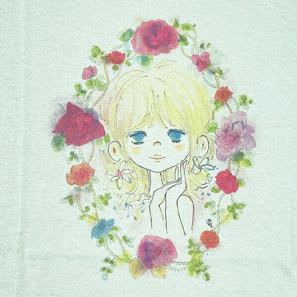 水森亜土 インクジェットプリント Tシャツ(バラ) (ライトセージ) アパレル 亜土ちゃん