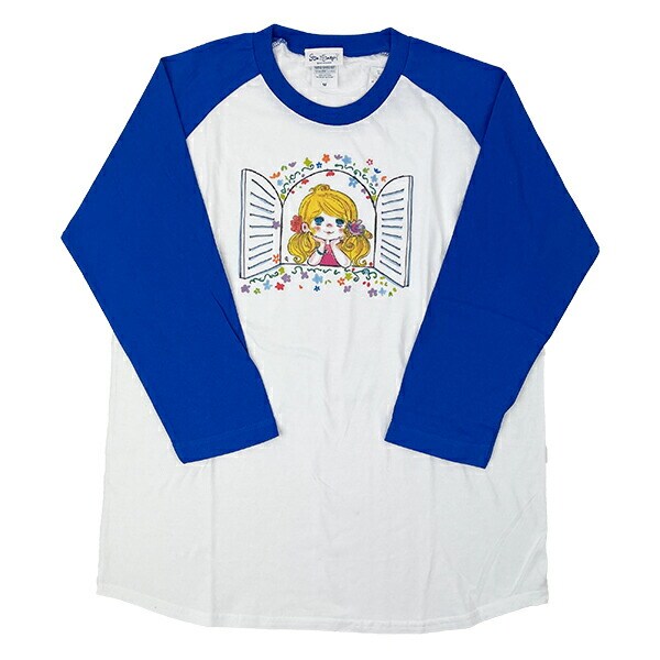 水森亜土 マド ラグランスリーブTシャツ(M) ブルー 亜土ちゃん アパレル