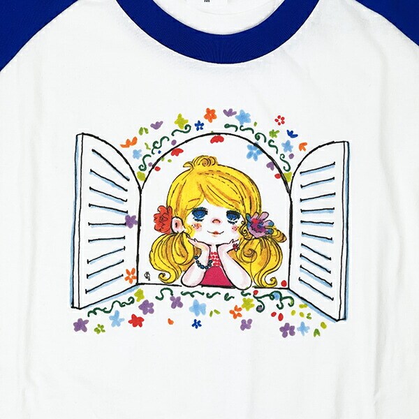 水森亜土 マド ラグランスリーブTシャツ(M) ブルー 亜土ちゃん アパレル