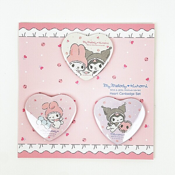 サンリオ マイメロディ50th＆クロミ20th アニバーサリー エンジェルハート型 缶バッジ3個セット 日本製 Sanrio