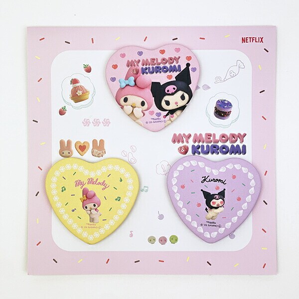 サンリオ マイメロディ＆クロミ ハート型缶バッジ3個セット 日本製 Netflix Sanrio