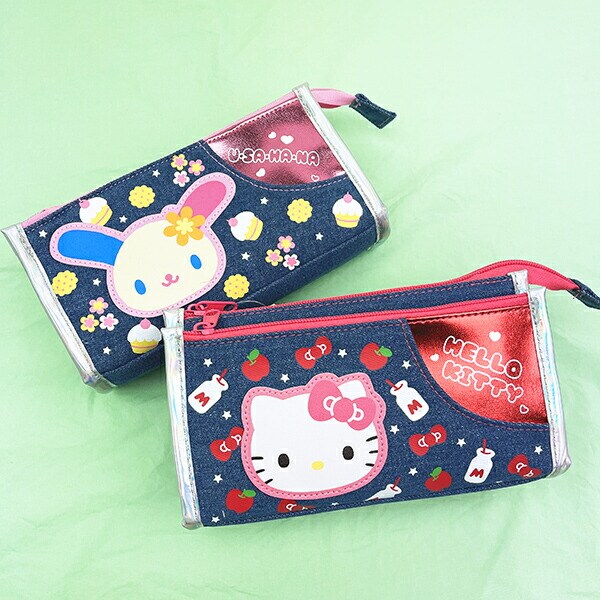 サンリオ ウサハナ デニムWファスナーペンポーチ ペンケース 筆箱 スクール 平成レトロ Sanrio