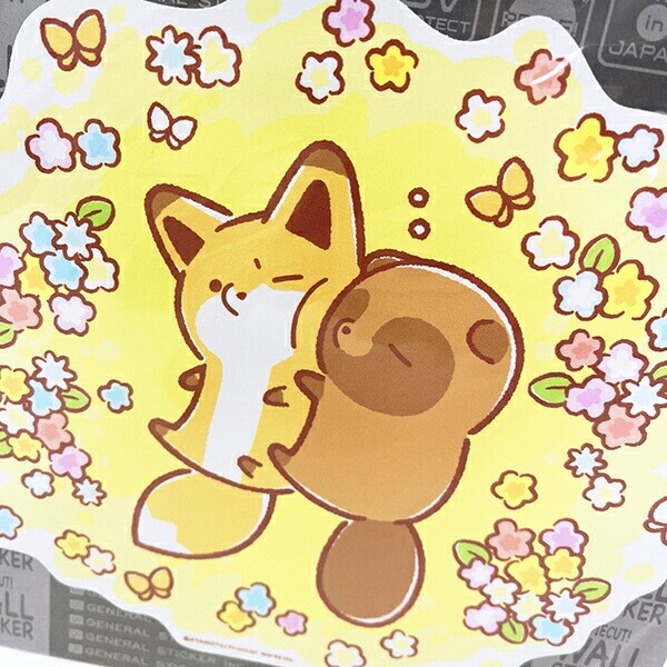 タヌキとキツネ お花畑 ビッグウォールステッカー 日本製