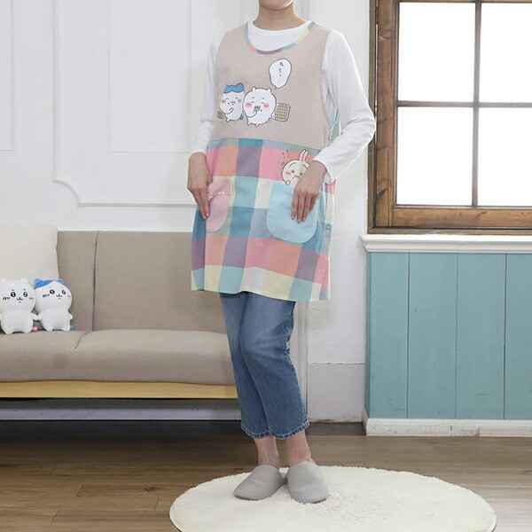 ちいかわ エプロン チェック 切替タブリエエプロン ハチワレ うさぎ 家事 保育園 幼稚園