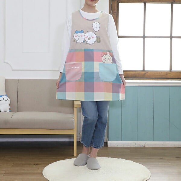 ちいかわ エプロン チェック 切替タブリエエプロン ハチワレ うさぎ 家事 保育園 幼稚園