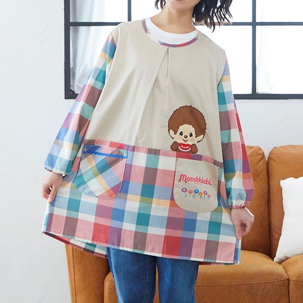 モンチッチ チェック柄 割烹着 かっぽー着 エプロン  家事 料理 保育園 幼稚園
