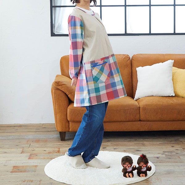 モンチッチ チェック柄 割烹着 かっぽー着 エプロン  家事 料理 保育園 幼稚園