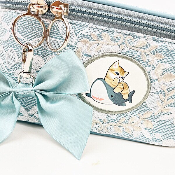 モフサンド mofusand バニティーポーチ レース×刺繍 コスメポーチ ブルー