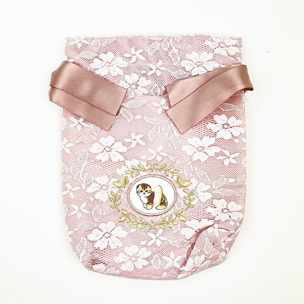 モフサンド mofusand おおきめ巾着 レース×刺繍 巾着袋 ピンク