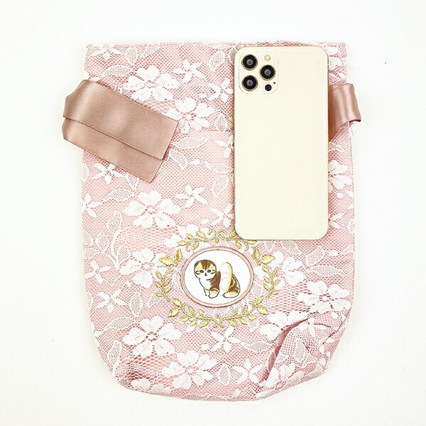 モフサンド mofusand おおきめ巾着 レース×刺繍 巾着袋 ピンク