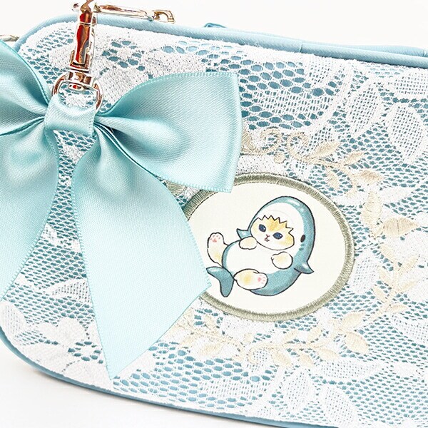 モフサンド mofusand 仕切りカスタムポーチ レース×刺繍 コスメポーチ ブルー