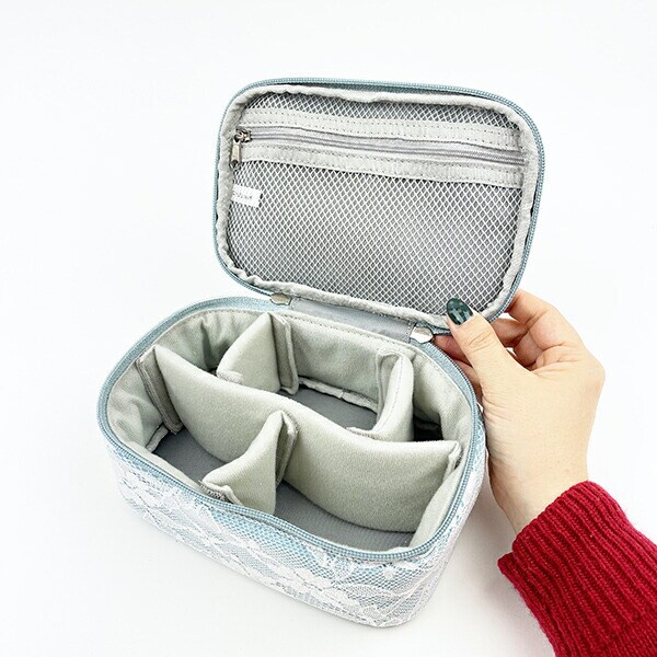 モフサンド mofusand 仕切りカスタムポーチ レース×刺繍 コスメポーチ ブルー