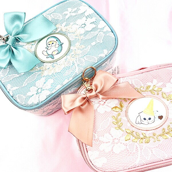 モフサンド mofusand 仕切りカスタムポーチ レース×刺繍 コスメポーチ ブルー