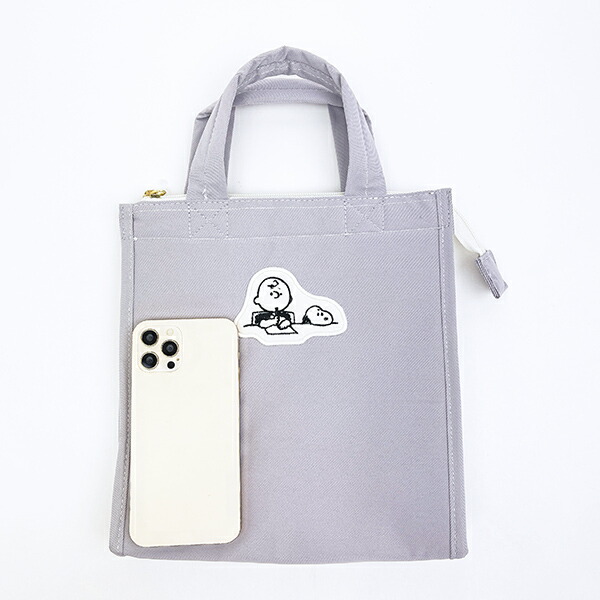 スヌーピー ＆チャーリーブラウン ランチトートバッグ グレー アップリケ SNOOPY