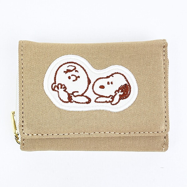スヌーピー チャーリーブラウン ファスナー三つ折り財布 アップリケ ベージュ SNOOPY