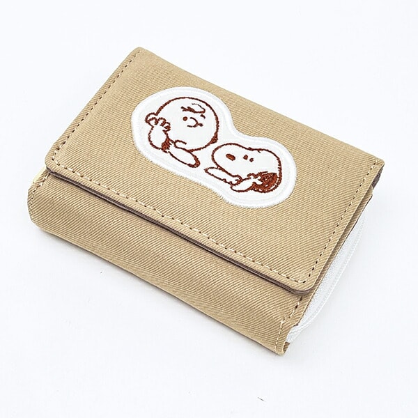 スヌーピー チャーリーブラウン ファスナー三つ折り財布 アップリケ ベージュ SNOOPY