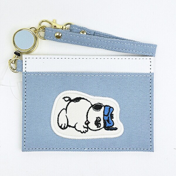 スヌーピー リール付シングルパスケース ブルー アップリケ 定期入れ SNOOPY