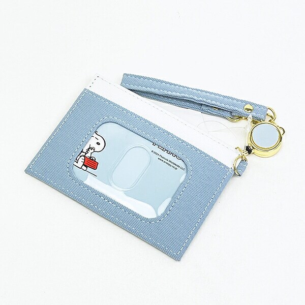 スヌーピー リール付シングルパスケース ブルー アップリケ 定期入れ SNOOPY