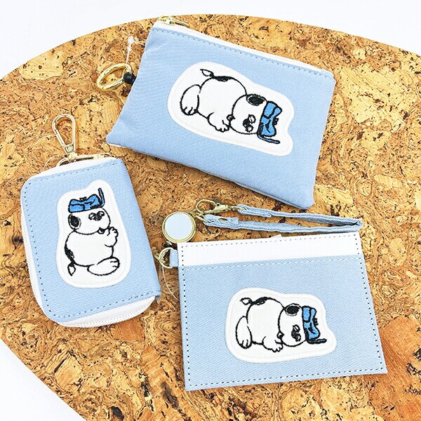 スヌーピー リール付シングルパスケース ブルー アップリケ 定期入れ SNOOPY