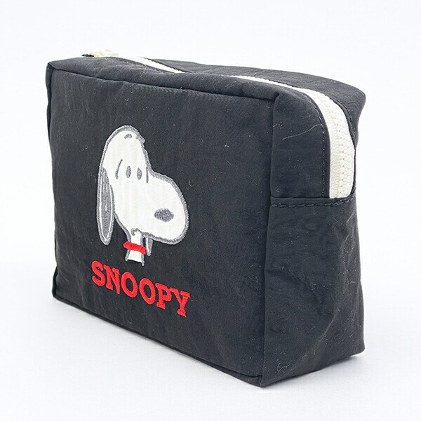 スヌーピー アップリケ刺繍 スクエアポーチ ブラック SNOOPY