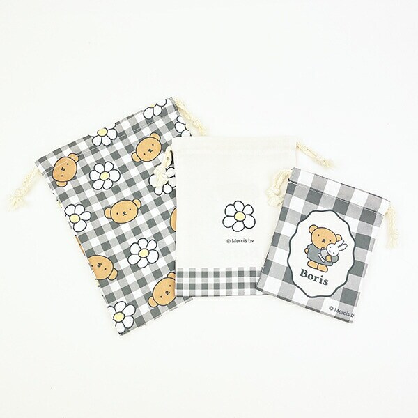 miffy ミッフィー 3P巾着 グレー ギンガムシリーズ ポーチ 小物入れ