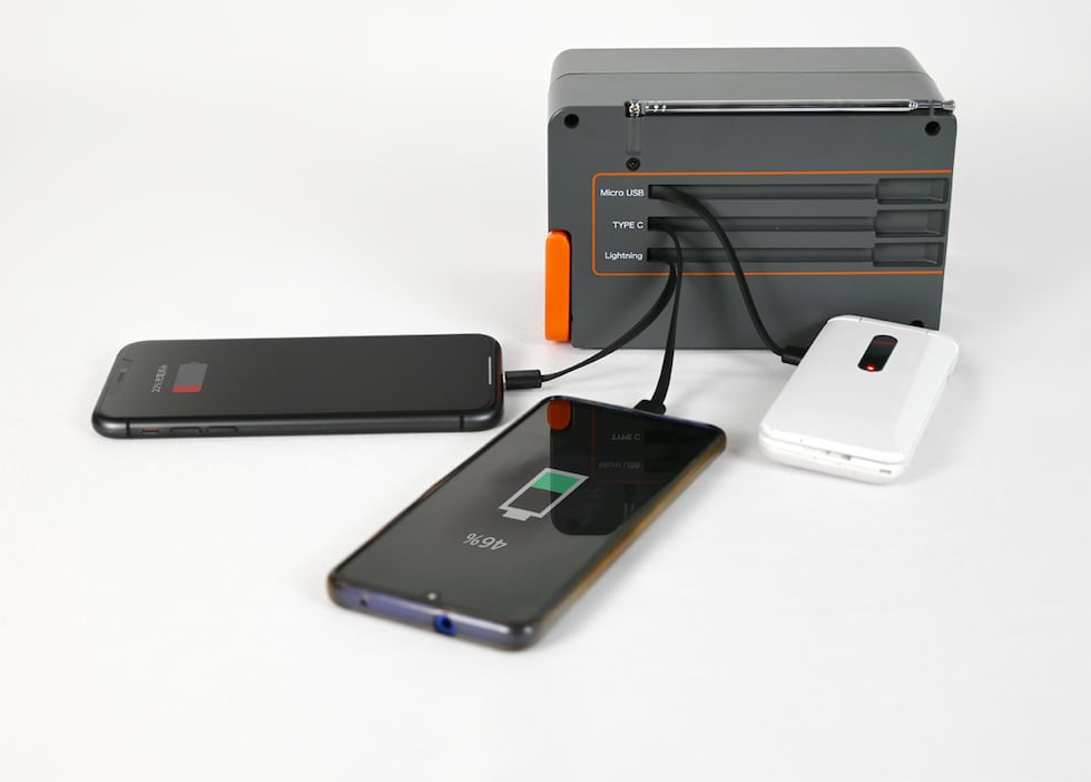 FMメガパワーステーションα 特徴：ワイドFMラジオ・ACコンセント2口・USBポート3口・大容量24000mAh