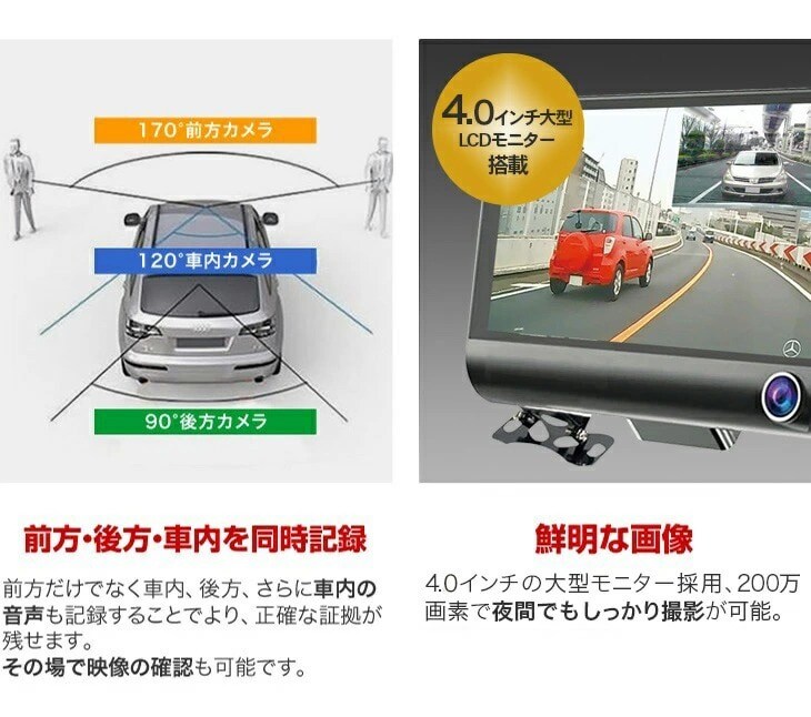 新型3画面同時記録ドライブレコーダー 駐車監視モード付