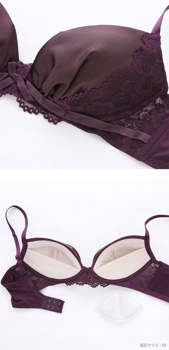 ソニアブラック レーシーサテン ノンワイヤーブラセット S M L LL パッド入り 脇スッキリ 脇高 ブラジャー ショーツ 大きいサイズ
