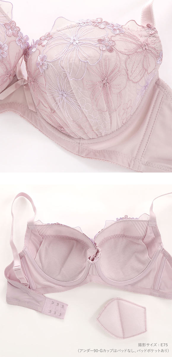 グラマーサイズブラ フラワー刺繍 ブラジャー ショーツ セット 脇高 脇肉 大きいサイズ DEFG