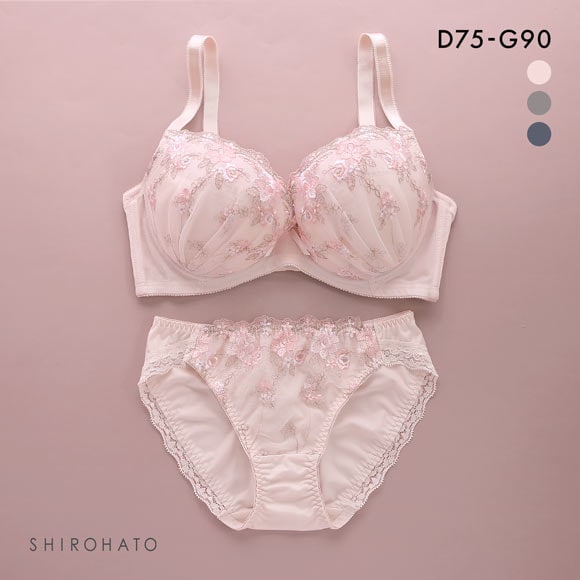 グラマーサイズブラセット プチフラワー刺繍 DEFG75-90 ブラジャー ショーツ セット 脇高 脇肉 大きいサイズ お得 上下