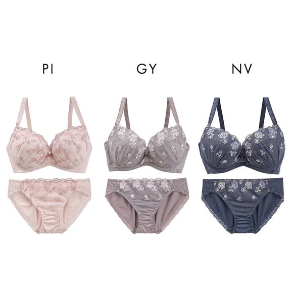 グラマーサイズブラセット プチフラワー刺繍 DEFG75-90 ブラジャー ショーツ セット 脇高 脇肉 大きいサイズ お得 上下
