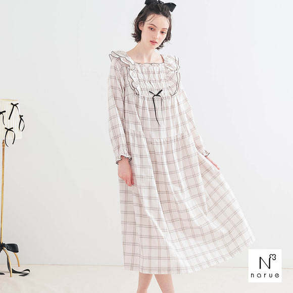 ナルエー NARUE パジャマ 50/ダブルガーゼガーリーチェックワンピース ルームウェア ワンピース ドレス 綿100％ ロング ネグリジェ moontan