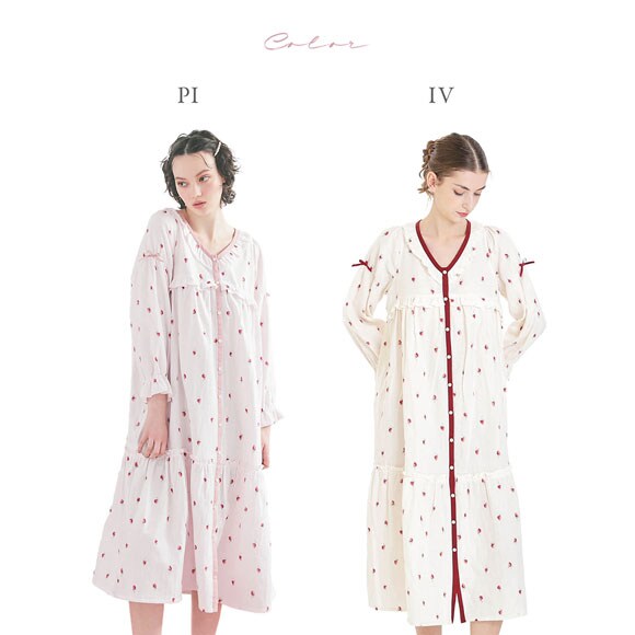 ナルエー パジャマ コットンダブルガーゼいちごフリルドレス ワンピース ルームウェア 長袖 レディース ネグリジェ 綿100％ NARUE