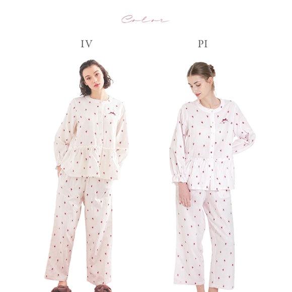 ナルエー パジャマ コットンダブルガーゼいちごペプラムパジャマ セットアップ 上下セット ルームウェ Narue