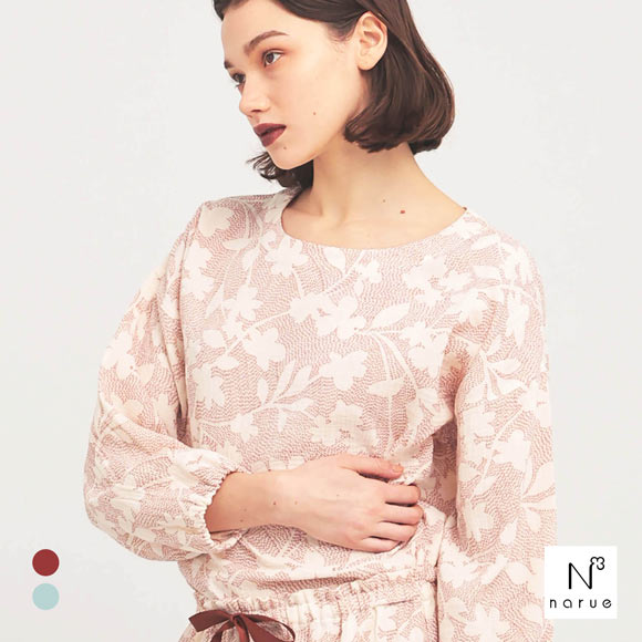 ナルエー パジャマ シュークリームガーゼRフラワーステッチセットアップ ルームウェア ロングパンツ 長袖 上下セット NARUE