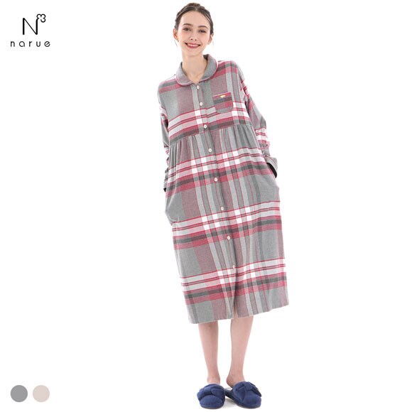 ナルエー パジャマ コットンフランネルチェックワンピース ルームウェア 長袖 NARUE