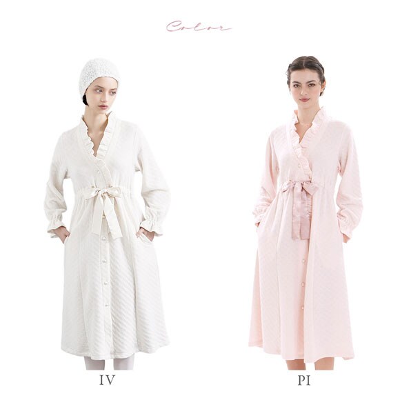 ナルエー パジャマ 裏綿接結(綿入り)ブドォワールローブ ワンピース ガウン ルームウェア 長袖 moontan by Narue Luxe