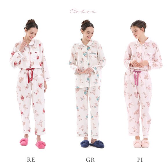 ナルエー パジャマ コットンダブルガーゼテディーベアシャツパジャマ ルームウェア セットアップ 上下セット 長袖 綿100％ NARUE moontan