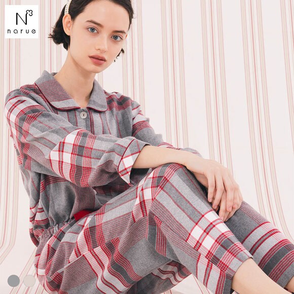 ナルエー パジャマ コットンフランネルチェックシャツパジャマ ルームウェア 上下セット 長袖 ロングパンツ NARUE