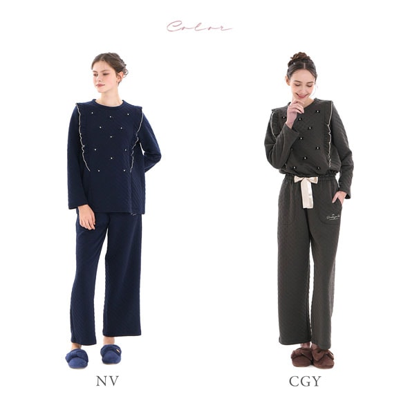 ナルエー パジャマ 裏綿接結（綿入り）ハートジャガードフリルパジャマ セットアップ 上下セット ルームウェア 長袖 Narue