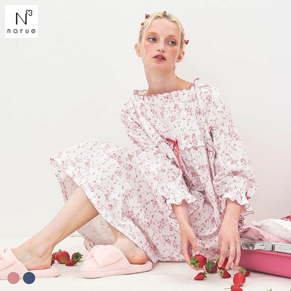 ナルエー パジャマ 40/ダブルガーゼプティフレーズドレス ルームウェア ワンピース ドレス 綿100％ ネグリジェ NARUE