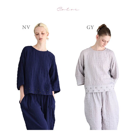 ナルエー パジャマ シャーリングダブルガーゼプティ刺繍セットアップ 上下セット セットアップ 7分袖 9分丈 ルームウェア NARUE