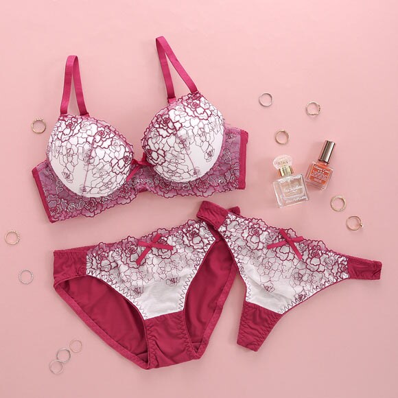 ローズ ラメレース ブラジャー ショーツ セット Tバック 3点セット BCDEF 大きいサイズ