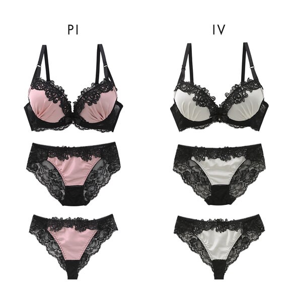 サテンケミカルレース ブラジャー ショーツ セット Tバック 3点セット BCDEF 大きいサイズ バックレース