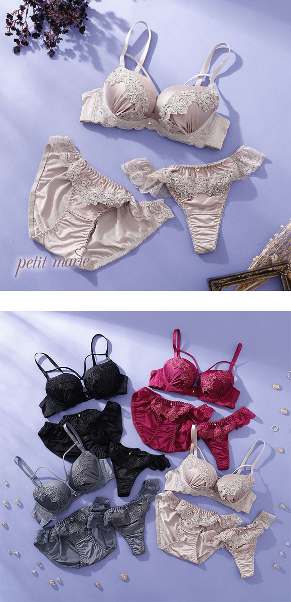 プチマリー マカロニコードローズケミカル ブラジャー ショーツ Tバック 3点セット ABCD petit marie BLACK