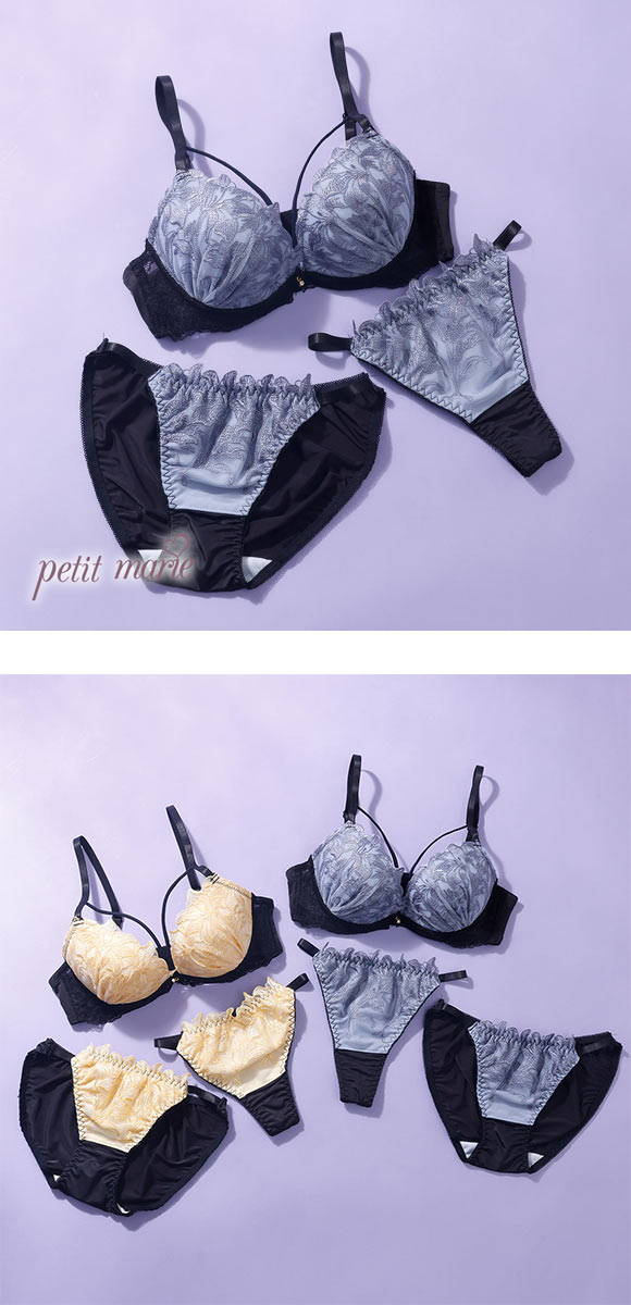 プチマリー リリーレースコード ブラジャー ショーツ セット Tバック 3点セット EF 大きいサイズ petit marie BLACK