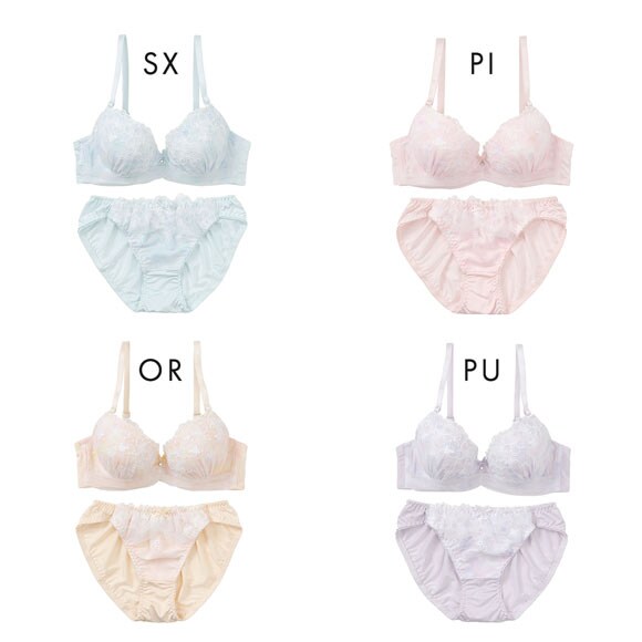 プチマリー パステル水彩プリント ブラジャー ショーツ セット モールド まる胸 ABCD ラメ刺繍 petit marie WHITE